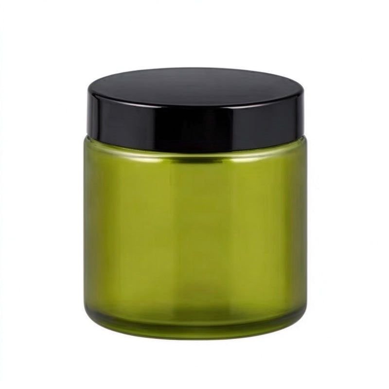 Amber glass jar green coated finish black screw lid