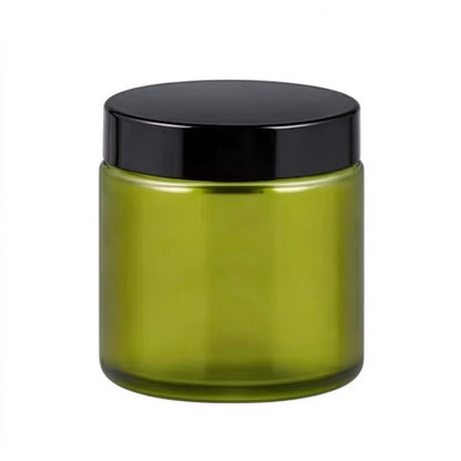 Amber glass jar green coated finish black screw lid