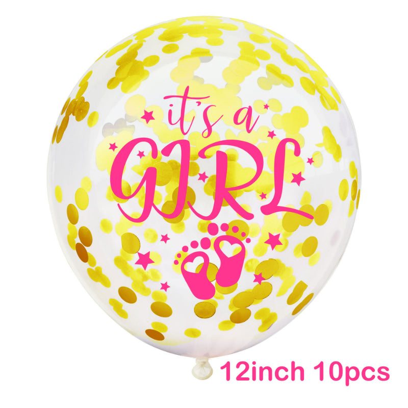 Gender reveal balloon clear gold confetti with pink lettering