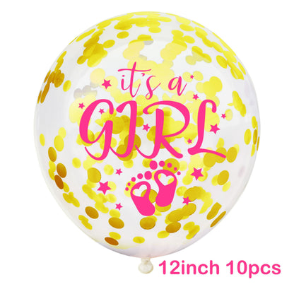 Gender reveal balloon clear gold confetti with pink lettering