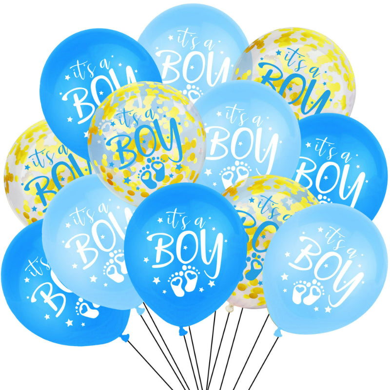 Gender reveal balloon blue and gold confetti bouquet cluster