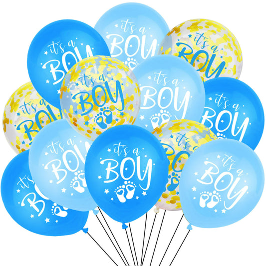 Gender reveal balloon blue and gold confetti bouquet cluster