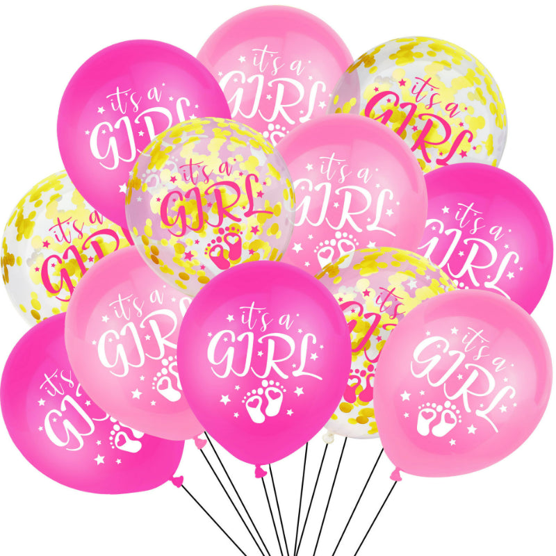 Gender reveal balloon pink and gold confetti bouquet cluster