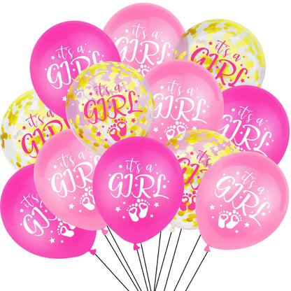 Gender reveal balloon pink and gold confetti bouquet cluster