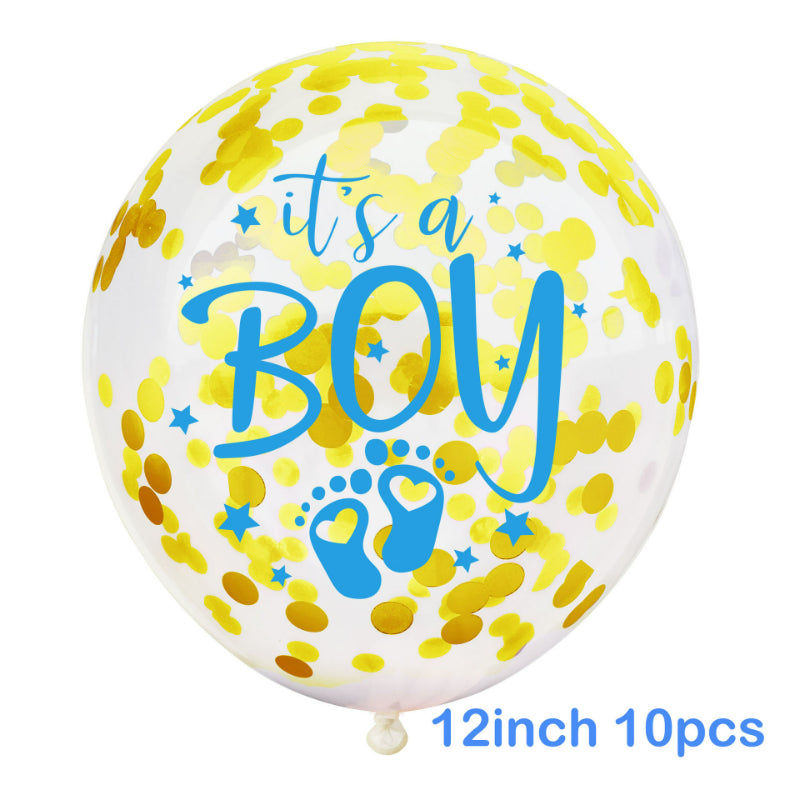 Gender reveal balloon clear gold confetti with blue lettering