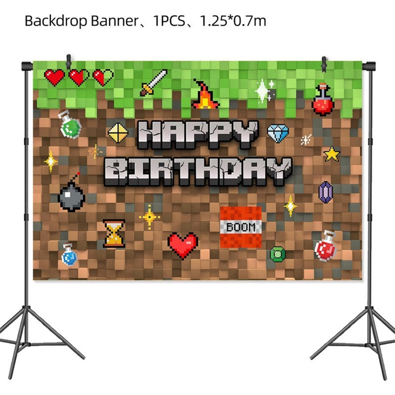Pixel Square Birthday Party Set – Disposable Tableware & Banner for Kids Minecraft Themed Celebration, Cartoon Block Decor Supplies