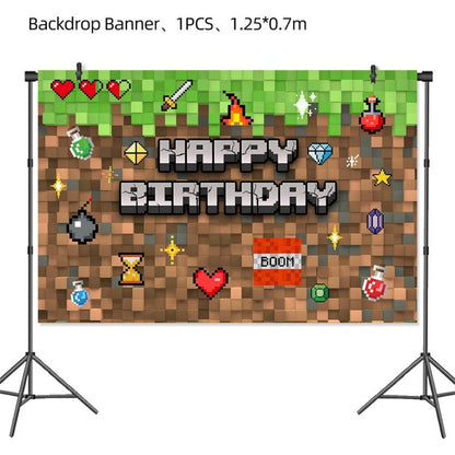 Pixel Square Birthday Party Set – Disposable Tableware & Banner for Kids Minecraft Themed Celebration, Cartoon Block Decor Supplies
