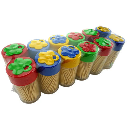 Bottled bamboo toothpick shrink wrapped twelve pack flower shaker caps