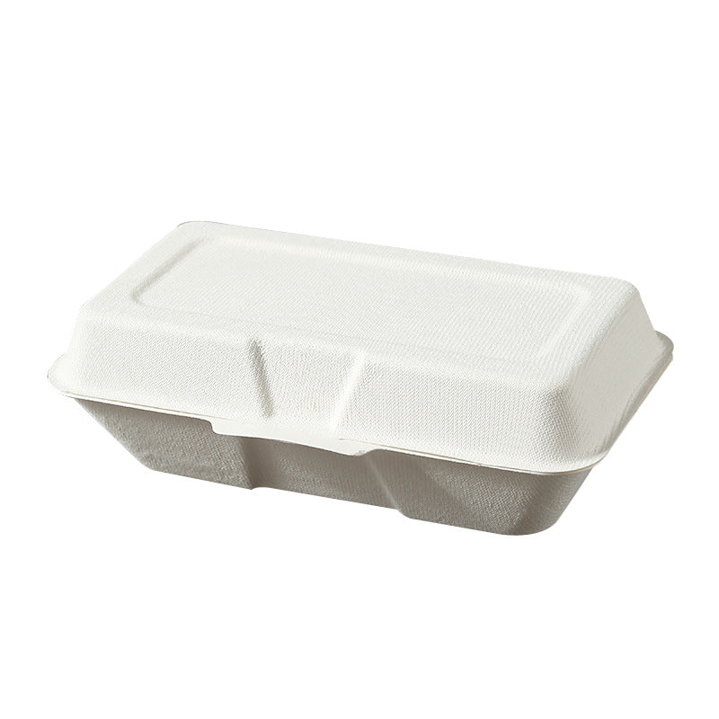 Bagasse clamshell box white finish closed perspective showing front tab lock