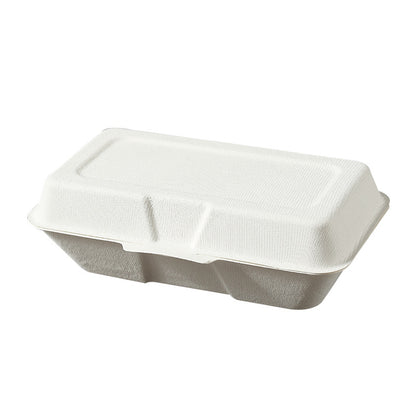 Bagasse clamshell box white finish closed perspective showing front tab lock