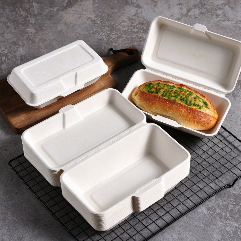 Bagasse clamshell box white units showing closed cover and open interior base