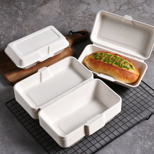Bagasse clamshell box white units showing closed cover and open interior base
