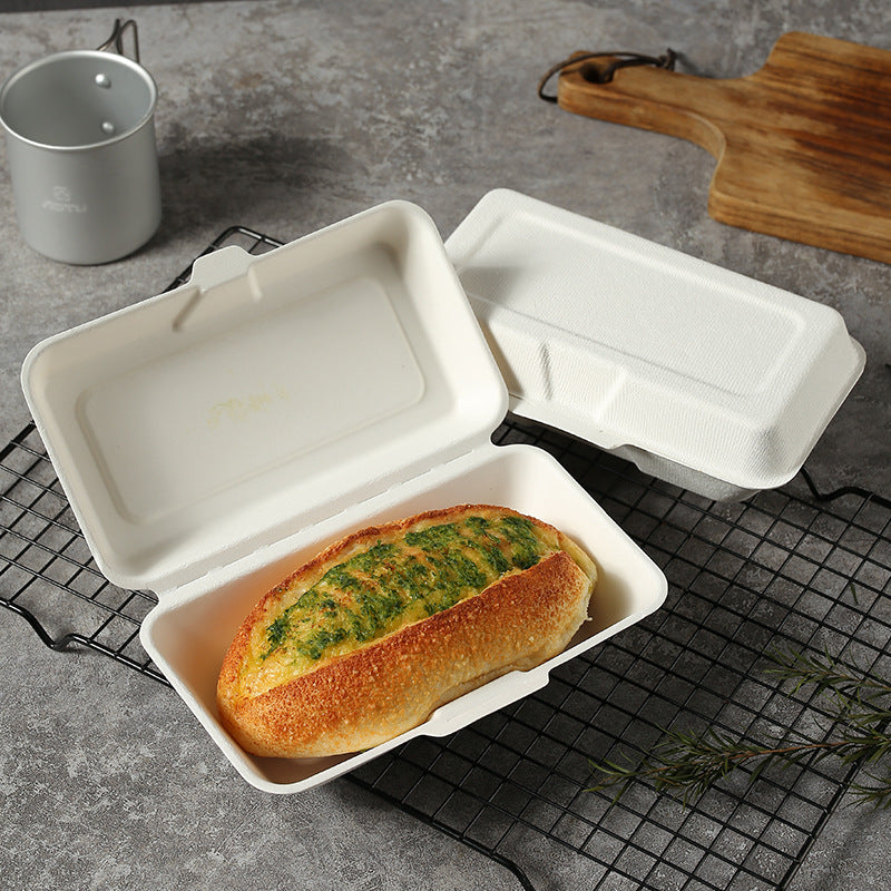 Bagasse clamshell box white finish open unit alongside closed unit