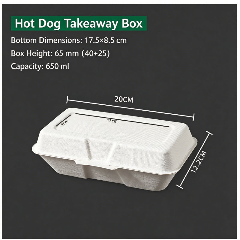 Bagasse clamshell box white finish closed view with printed dimension callouts