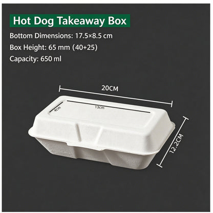 Bagasse clamshell box white finish closed view with printed dimension callouts