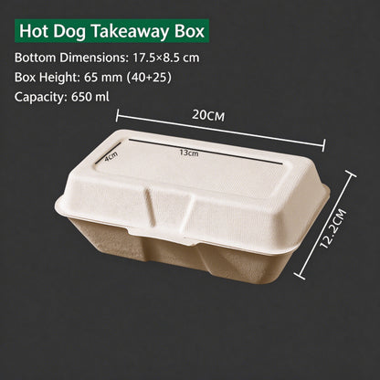 Bagasse clamshell box natural unbleached finish with printed dimension callouts