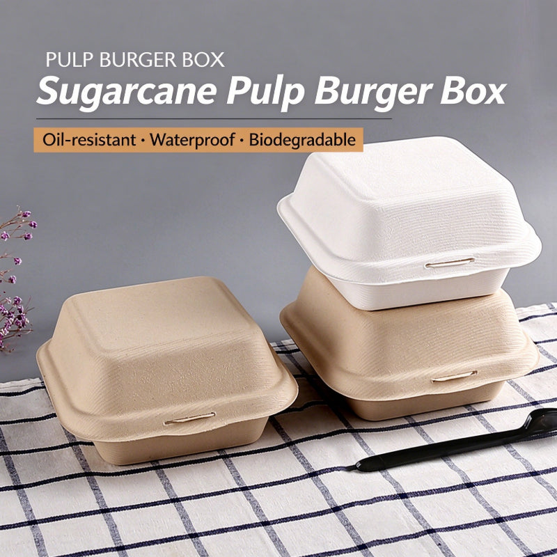 Biodegradable pulp clamshell box stacked natural and white clamshells display
