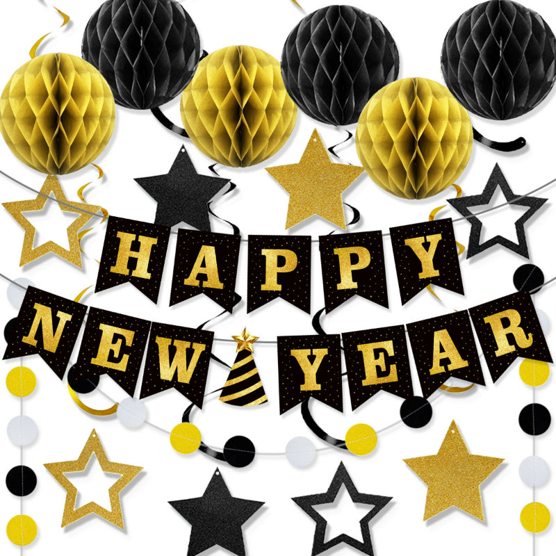 New Year's Eve Party Decoration Kit, Black Gold Happy New Year Bunting Banner & Spiral Honeycomb Ball Set, Reusable NYE Decor for 2027 Events