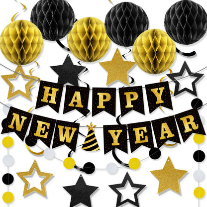 New Year's Eve Party Decoration Kit, Black Gold Happy New Year Bunting Banner & Spiral Honeycomb Ball Set, Reusable NYE Decor for 2027 Events