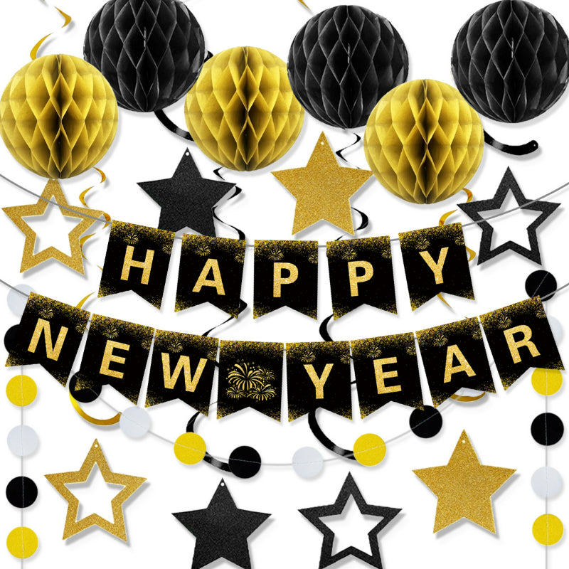 New Year's Eve Party Decoration Kit, Black Gold Happy New Year Bunting Banner & Spiral Honeycomb Ball Set, Reusable NYE Decor for 2027 Events