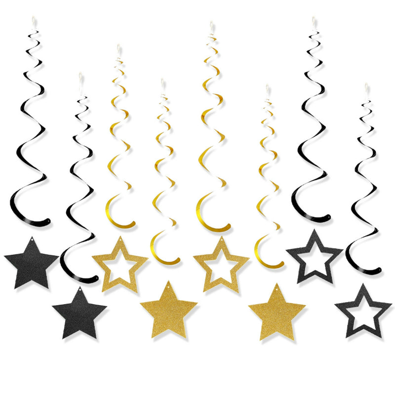 New Year's Eve Party Decoration Kit, Black Gold Happy New Year Bunting Banner & Spiral Honeycomb Ball Set, Reusable NYE Decor for 2027 Events