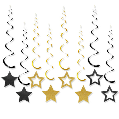 New Year's Eve Party Decoration Kit, Black Gold Happy New Year Bunting Banner & Spiral Honeycomb Ball Set, Reusable NYE Decor for 2027 Events
