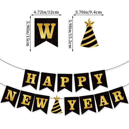 New Year's Eve Party Decoration Kit, Black Gold Happy New Year Bunting Banner & Spiral Honeycomb Ball Set, Reusable NYE Decor for 2027 Events