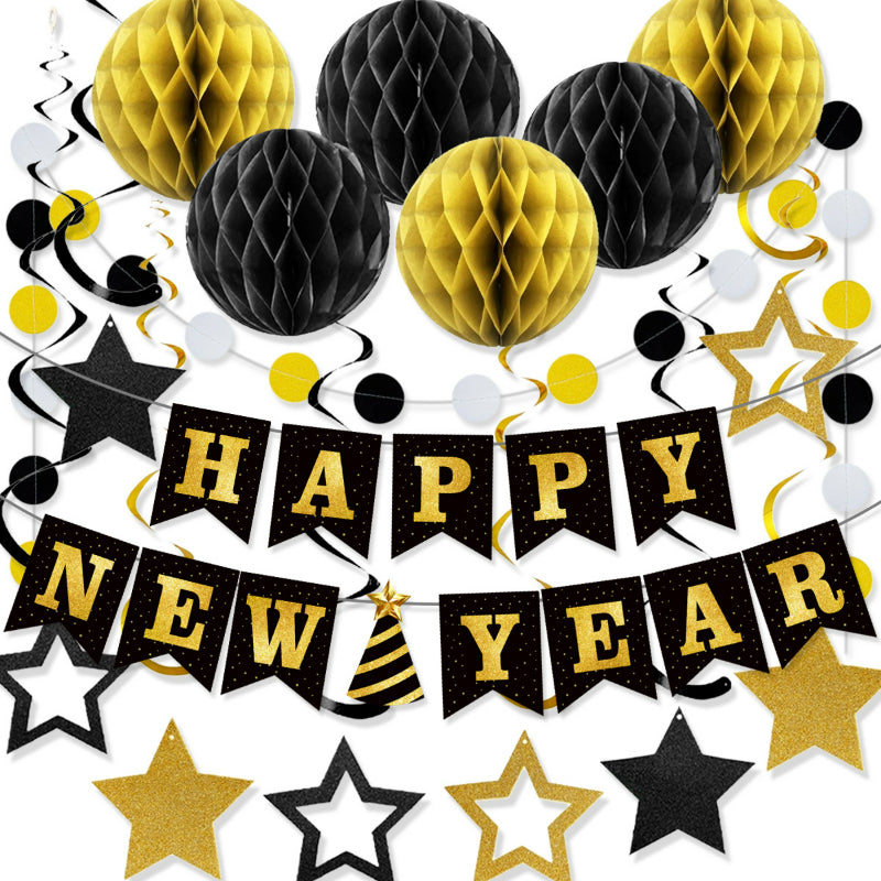 New Year's Eve Party Decoration Kit, Black Gold Happy New Year Bunting Banner & Spiral Honeycomb Ball Set, Reusable NYE Decor for 2027 Events