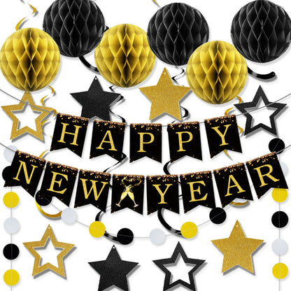 New Year's Eve Party Decoration Kit, Black Gold Happy New Year Bunting Banner & Spiral Honeycomb Ball Set, Reusable NYE Decor for 2027 Events