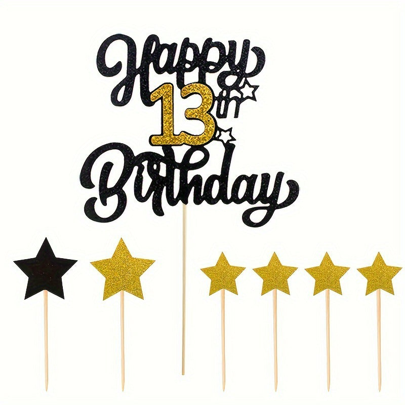 Black and gold cake topper set 13th birthday centerpiece with 6 star picks