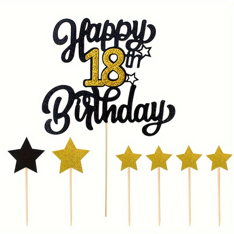 Black and gold cake topper set 18th birthday centerpiece with 6 star picks