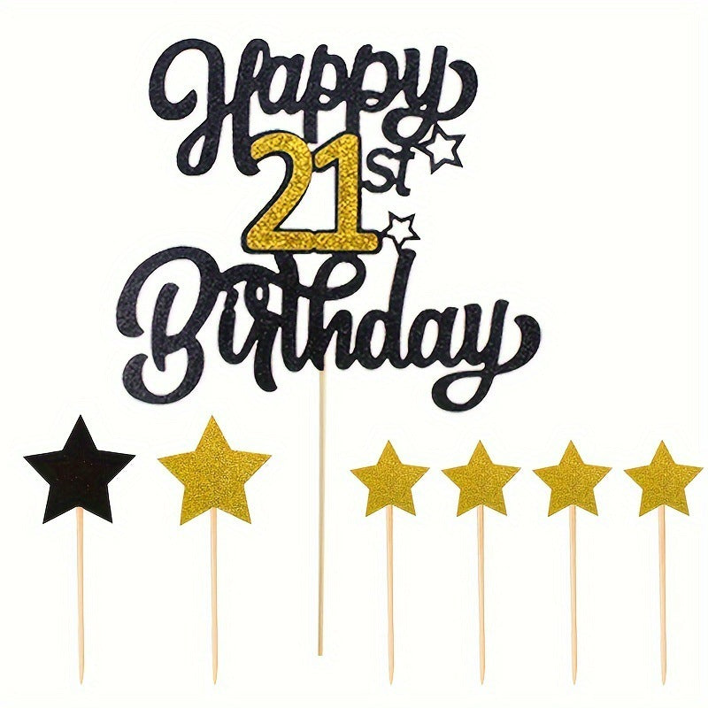 Black and gold cake topper set 21st birthday centerpiece with 6 star picks