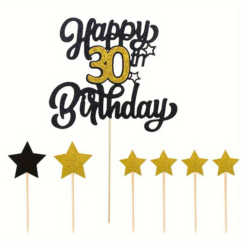 Black and gold cake topper set 30th birthday centerpiece with 6 star picks