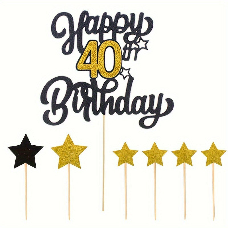 Black and gold cake topper set 40th birthday centerpiece with 6 star picks