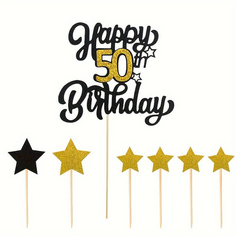 Black and gold cake topper set 50th birthday centerpiece with 6 star picks