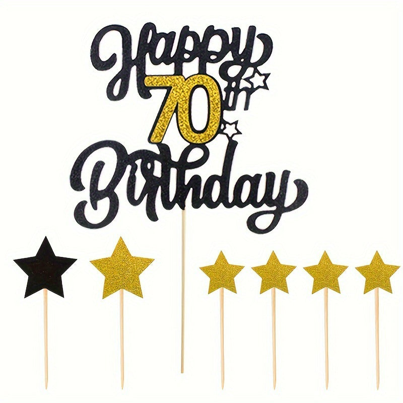 Black and gold cake topper set 70th birthday centerpiece with 6 star picks