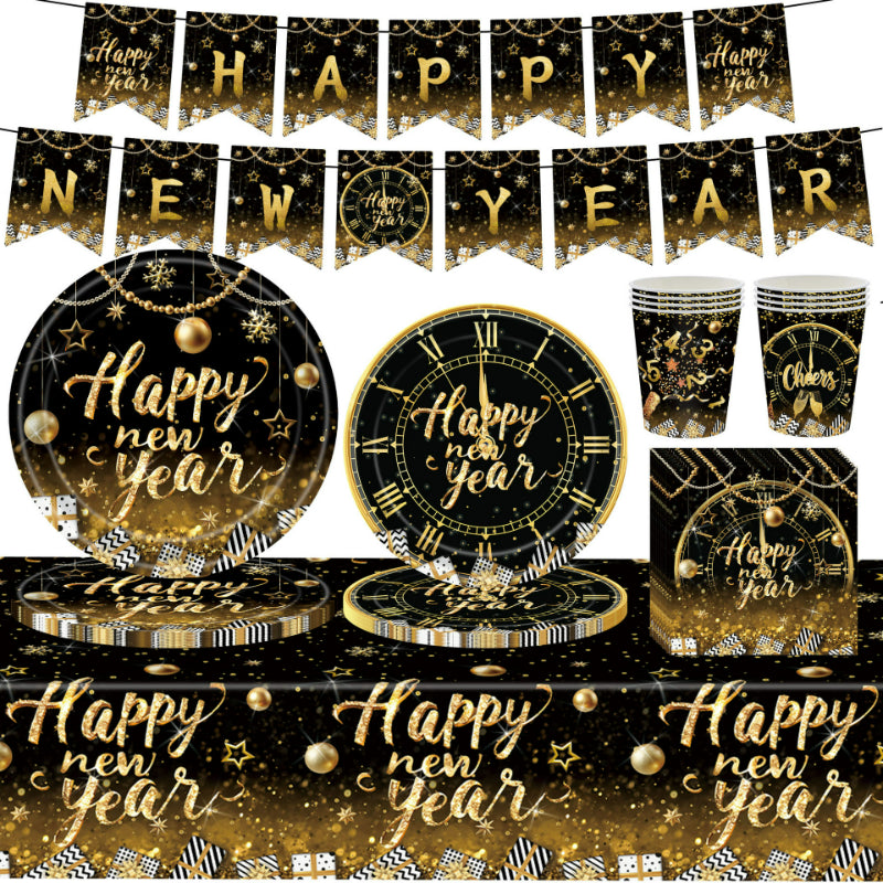Black & Gold New Year‘s Eve Party Set – Disposable Plates, Cups & Napkins for 2027 NYE Celebration, Elegant Holiday Tableware Kit