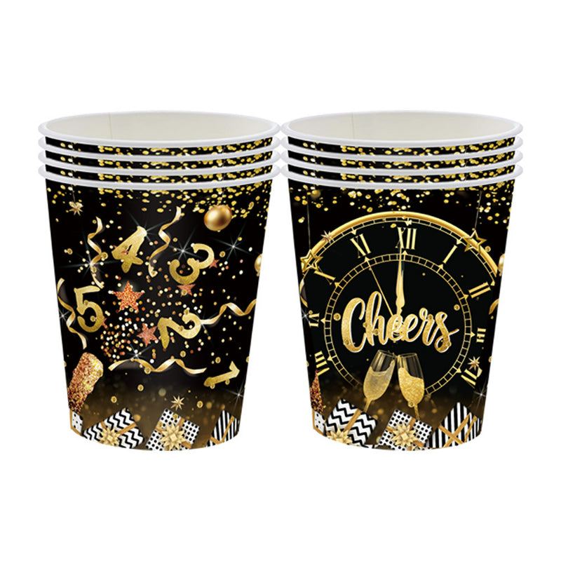 Black & Gold New Year‘s Eve Party Set – Disposable Plates, Cups & Napkins for 2027 NYE Celebration, Elegant Holiday Tableware Kit