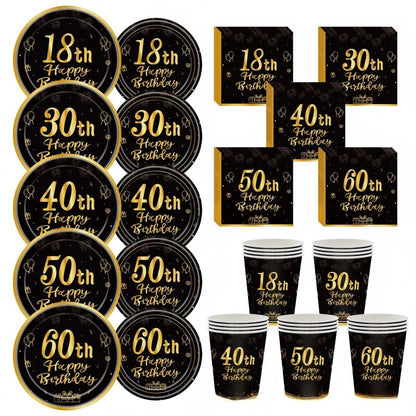 Black & Gold Birthday Party Supplies – Disposable Plates, Napkins, Cups & Tablecloth Set for Baby Boy or Girl Themed Celebration