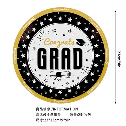 2026 Graduation Party Tableware Set | Disposable Plates, Napkins, Cutlery & Tablecloth | Black & Blue Theme