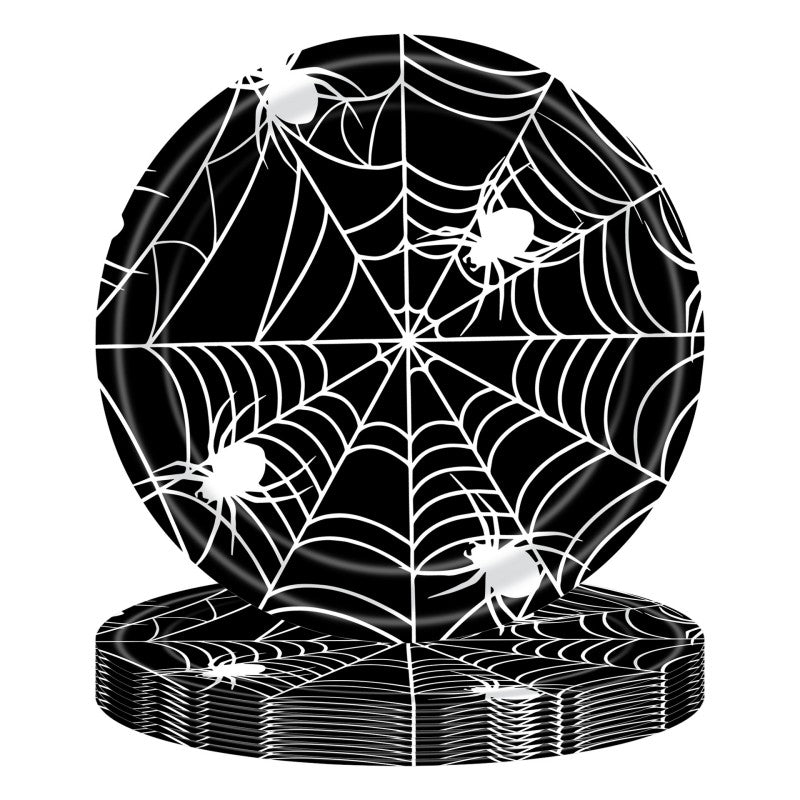 Black Spider Web Halloween Party Set – Disposable Tableware for Kids: Napkins, Cups, Plates & Tablecloth, Spooky Birthday Decor