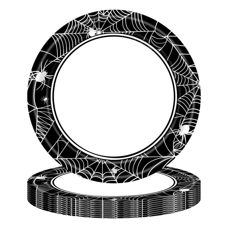 Black Spider Web Halloween Party Set – Disposable Tableware for Kids: Napkins, Cups, Plates & Tablecloth, Spooky Birthday Decor
