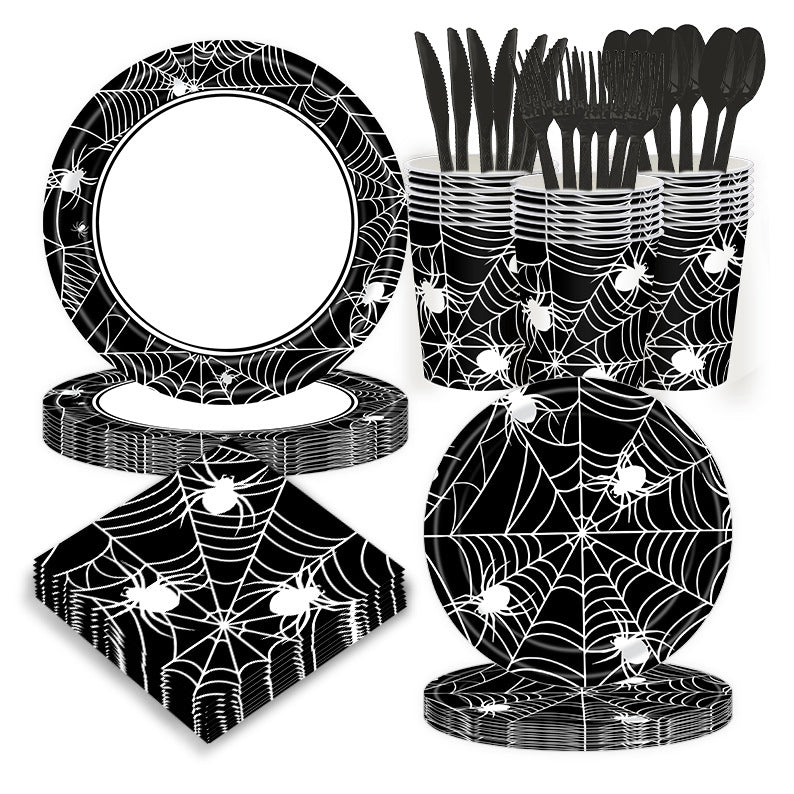 Black Spider Web Halloween Party Set – Disposable Tableware for Kids: Napkins, Cups, Plates & Tablecloth, Spooky Birthday Decor