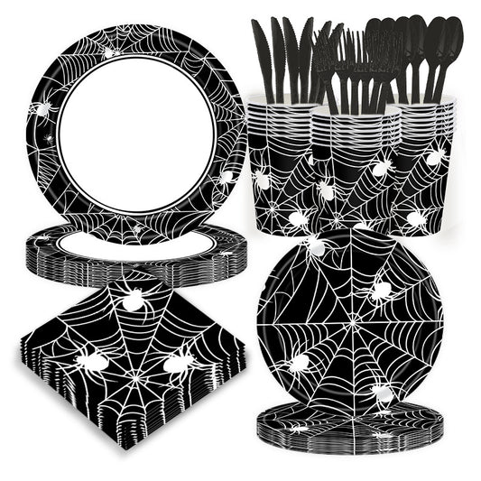 Black Spider Web Halloween Party Set – Disposable Tableware for Kids: Napkins, Cups, Plates & Tablecloth, Spooky Birthday Decor