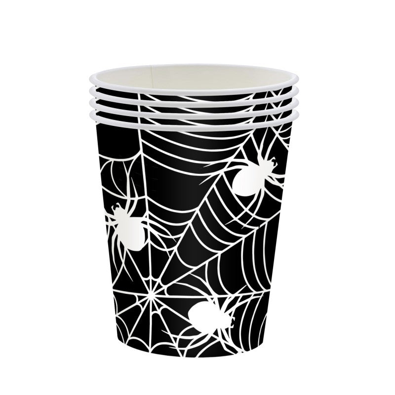 Black Spider Web Halloween Party Set – Disposable Tableware for Kids: Napkins, Cups, Plates & Tablecloth, Spooky Birthday Decor