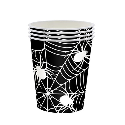 Black Spider Web Halloween Party Set – Disposable Tableware for Kids: Napkins, Cups, Plates & Tablecloth, Spooky Birthday Decor