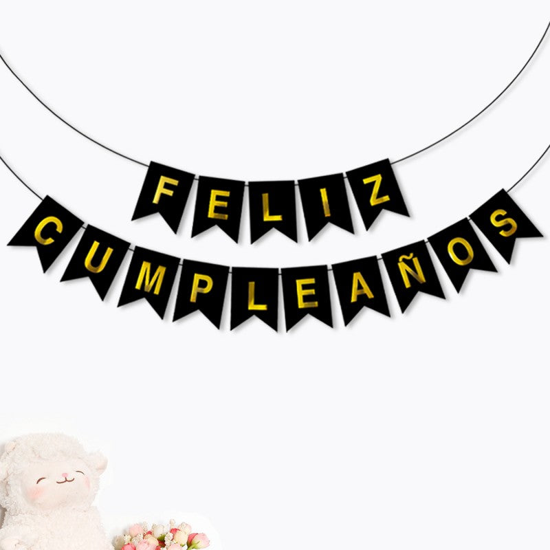 Spanish Happy Birthday Banner – Foil Stamped Fish Tail Pennant Garland, Gold Lettering Party Bunting for Spanish Celebration Decor