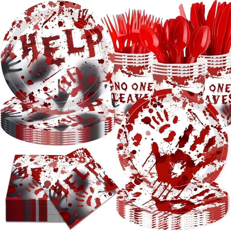 Bloody Hand Halloween Party Set – Disposable Plates, Tablecloth & Napkins for Spooky Birthday, Haunted Decor & Easy Cleanup