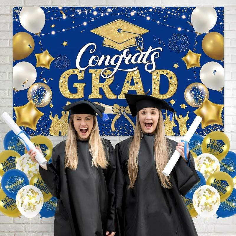 Blue & Gold Graduation Party Decoration Set | Backdrop, Balloons, Banner & Cake Topper