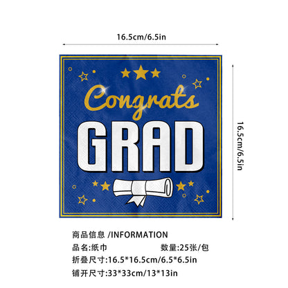 2026 Graduation Party Tableware Set | Disposable Plates, Napkins, Cutlery & Tablecloth | Black & Blue Theme